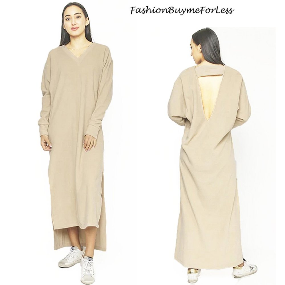 Keyhole Back Cream FLEECE Long Maxi Sweater Dress